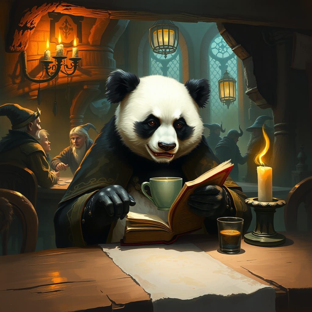 Cozy Tavern Scene with Panda Reading, Painterly Style