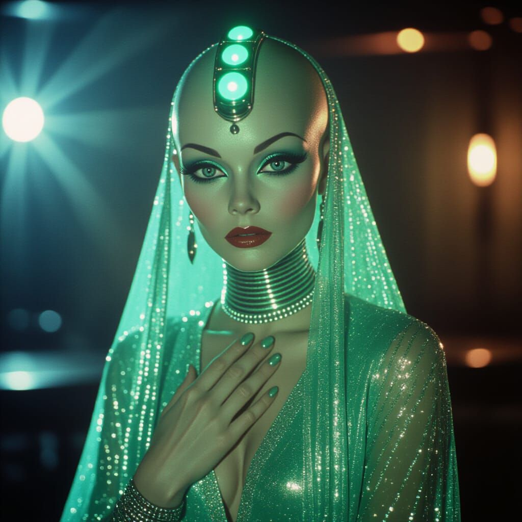 Aqua-Skinned Alien Starlet in Moody Film Style