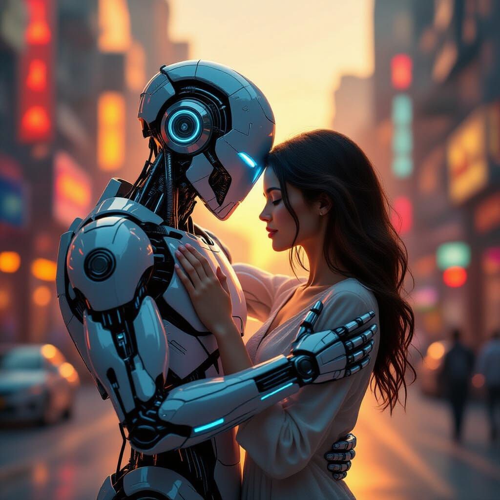Cybernetic Embrace in Neon Cityscape