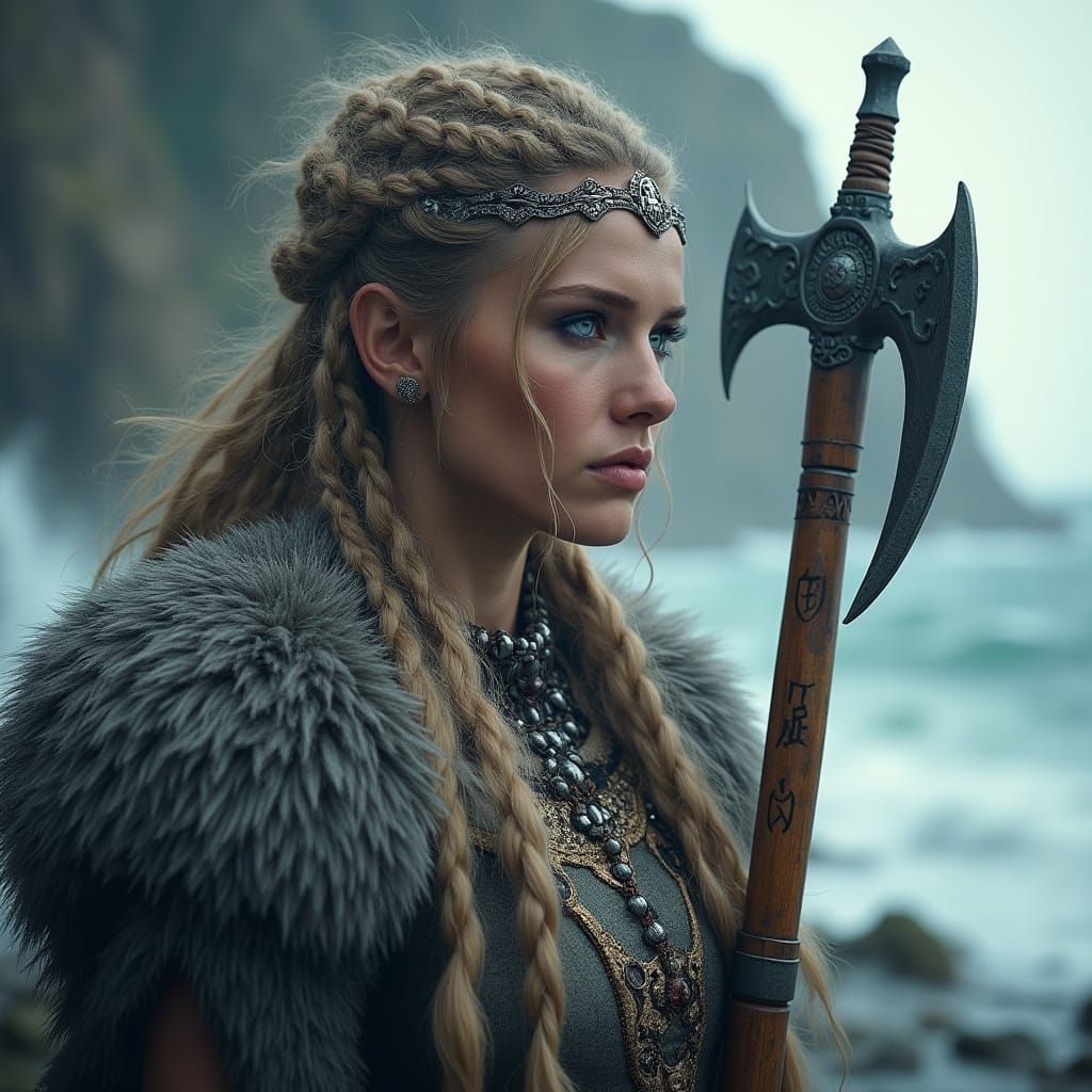 Viking Warrior Goddess in Majestic Fur-Trimmed Dress with Ax...
