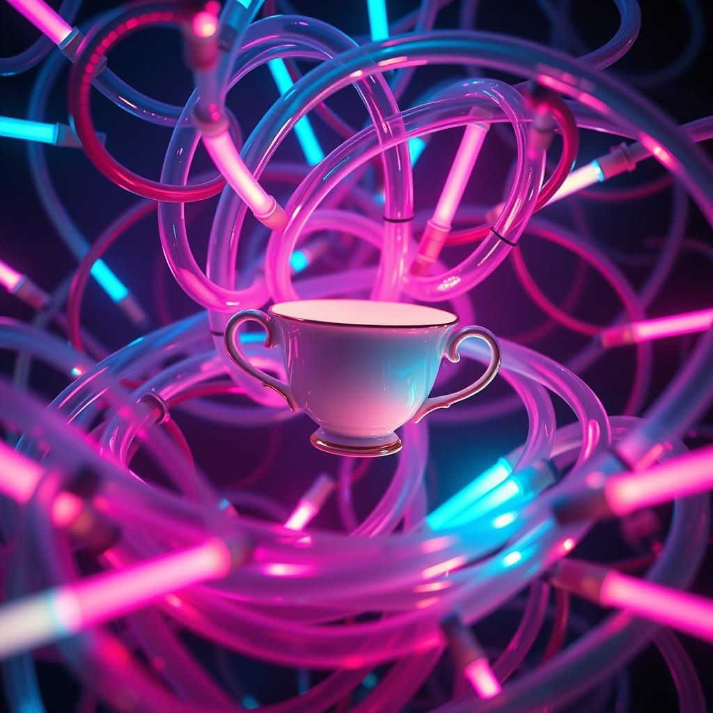 Surreal Teacup with Pneumatic Tubes and Fiber Optics