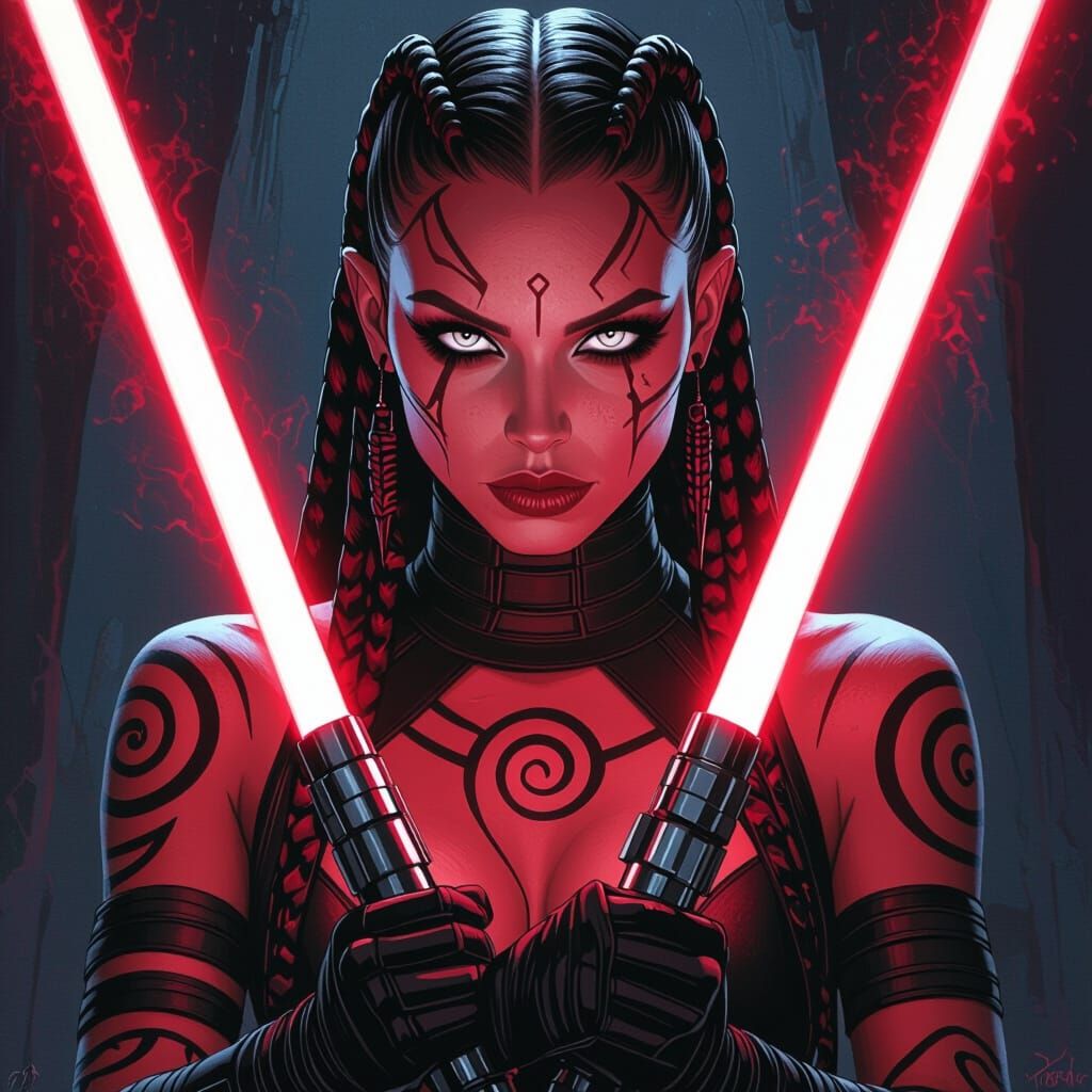 Twi'lek Warrior with Blood Red Lightsabers in Giger Style
