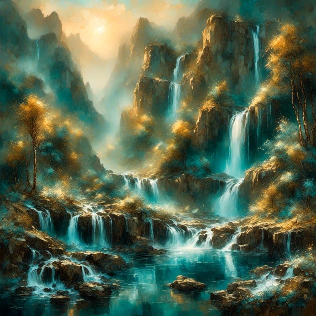 Waterfall in Mountain Landscape, Oil Painting