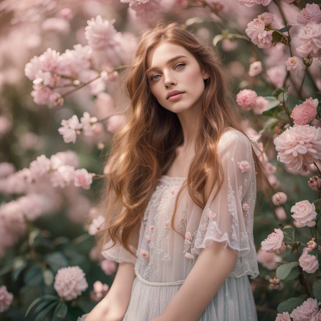 Ethereal Model in a Blooming Flower Garden