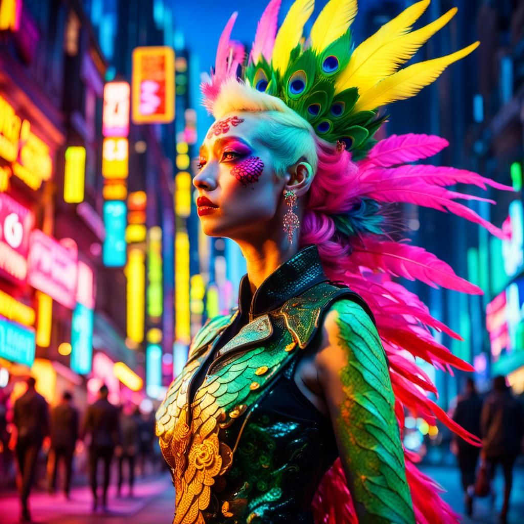 Cyberpunk Dragon-Peacock Woman in Neon City