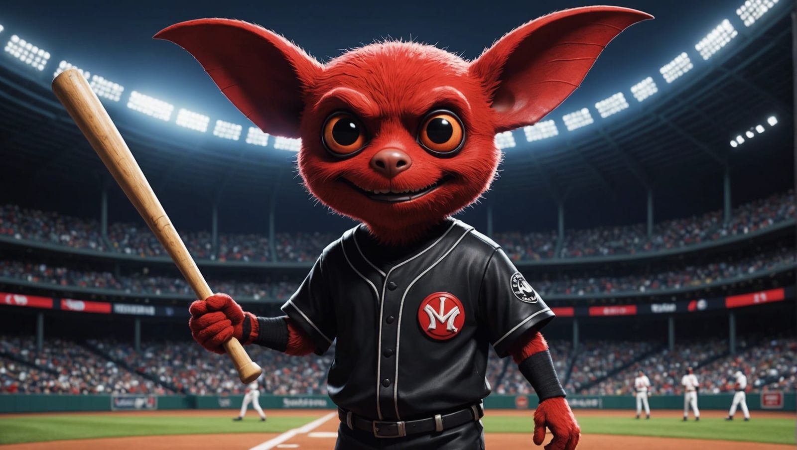 Anthropomorphic Bat in Burtonesque Galactic Baseball Stadium