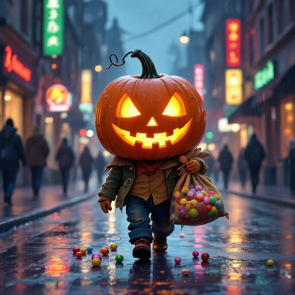 Anthropomorphic Pumpkin on Rainy City Street