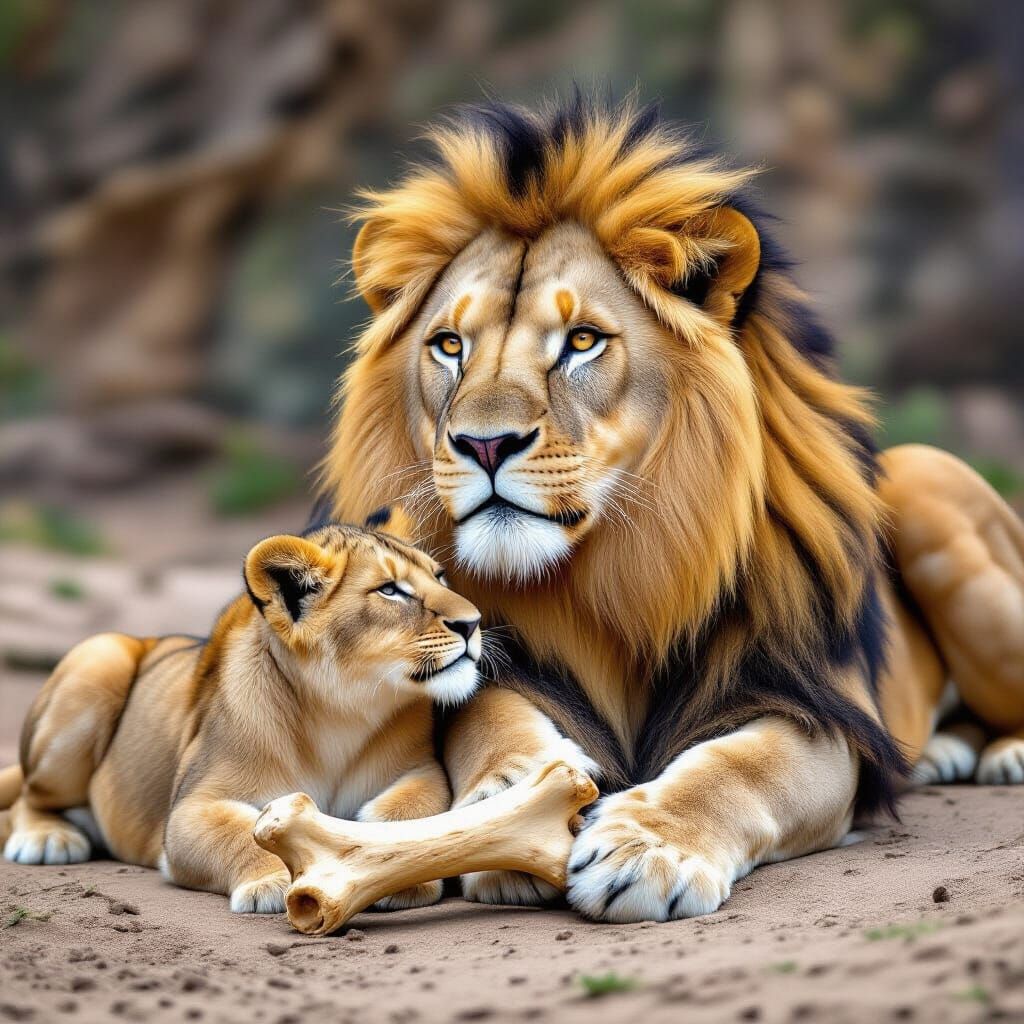 Baby Cave Lion with Mother Resting