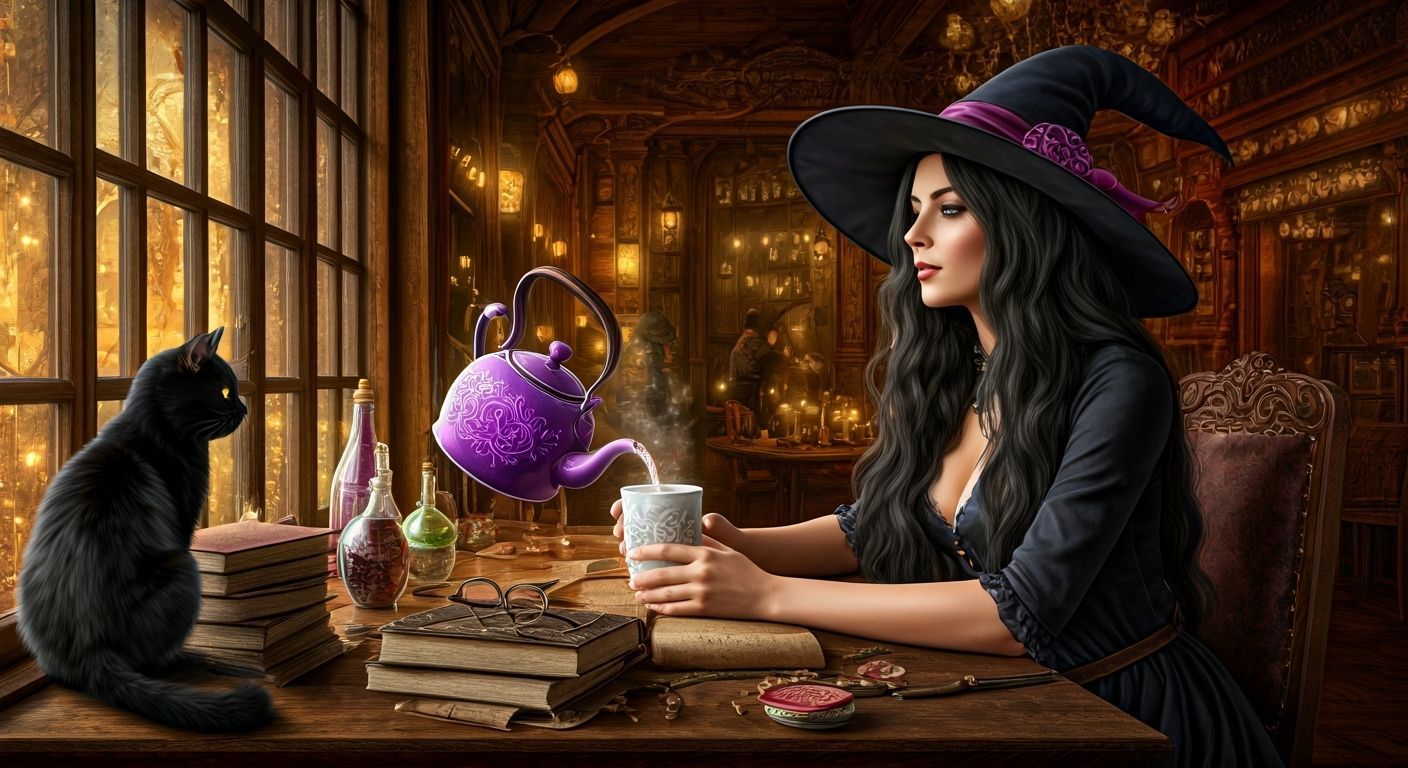 Magical Witch's Café with Black Cat and Glowing Orbs