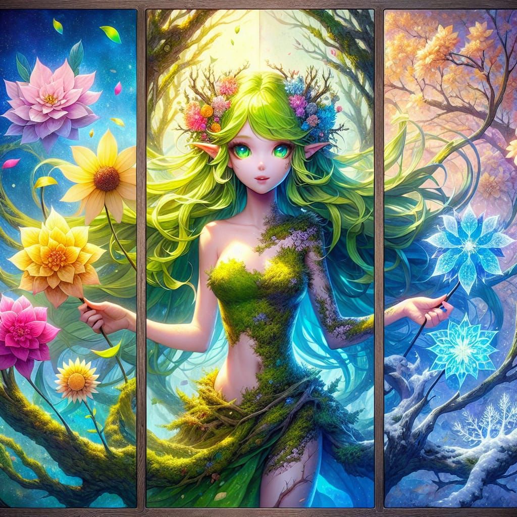 Ethereal Anime Dryad with Seasonal Flowers