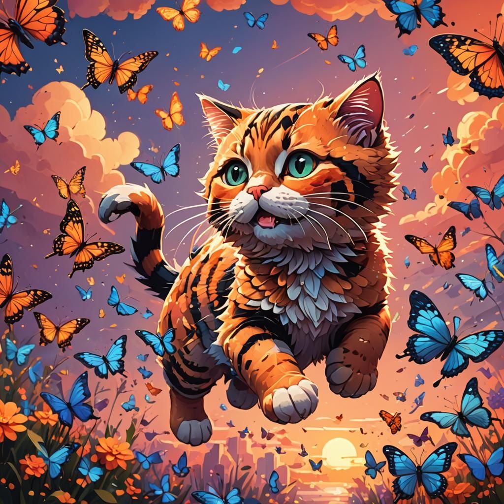 Pixel Art Cat Chasing Butterfly in Sunset