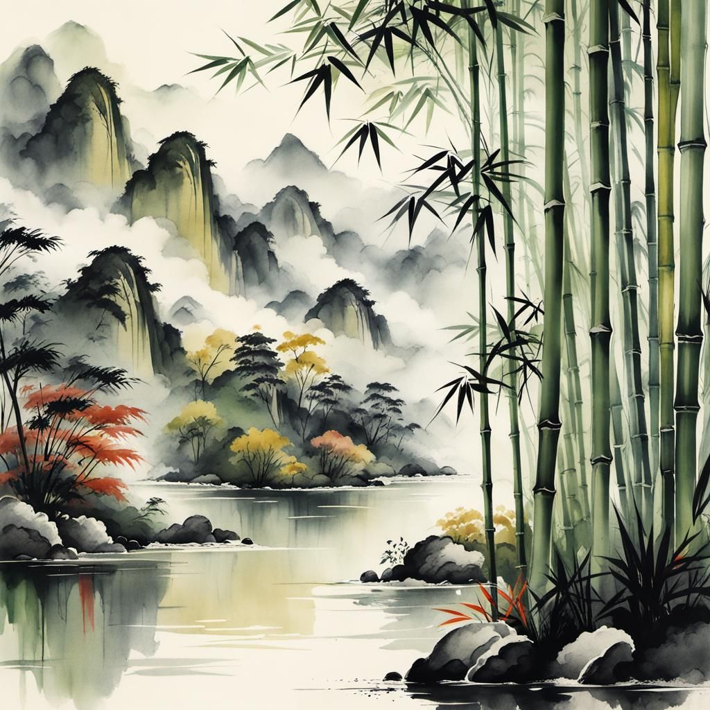 Bamboo Forest and Mountains in Chinese Ink Painting