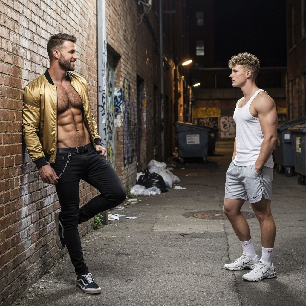 Muscular Man in Gold Jacket in Gritty Urban Alleyway