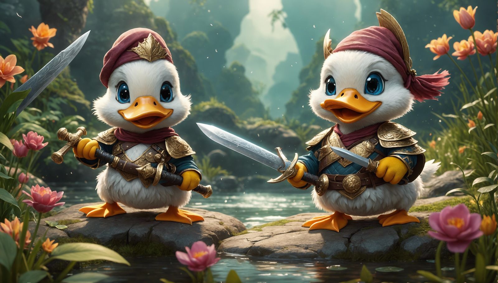 Warrior Ducks with Swords in Detailed Matte Painting