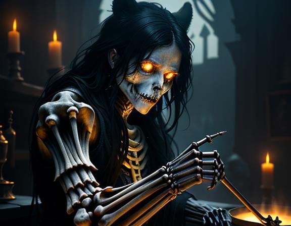 Furry Skeleton Cleans Bones: Dark Fantasy Digital Art