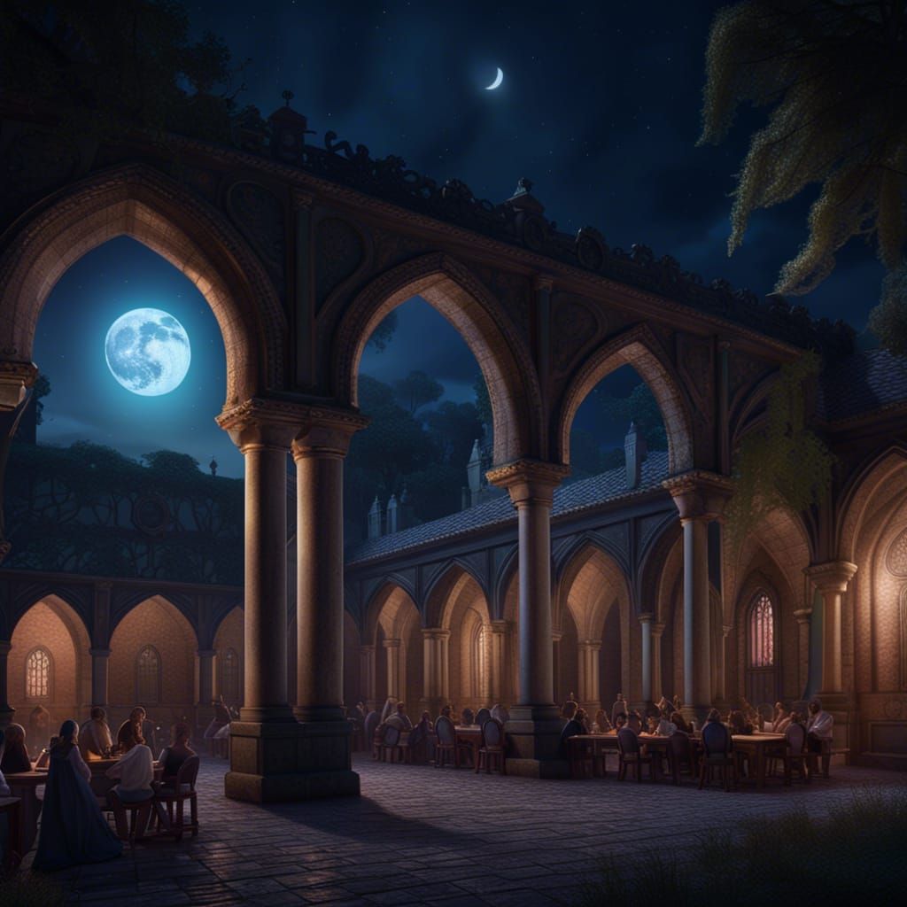 Night School Party in Cloister Under Gibbous Moon