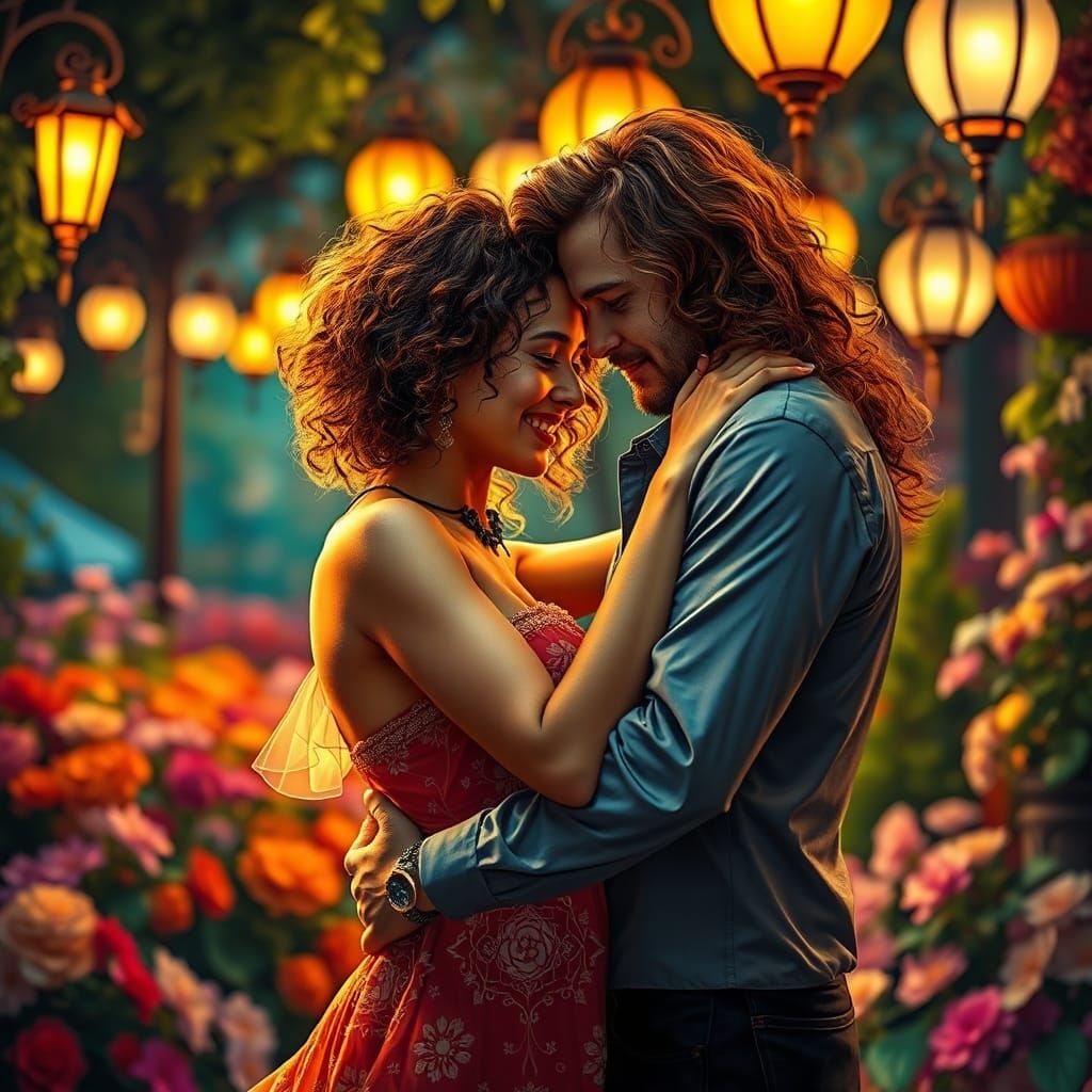 Romantic Dance Under Retro Lamps, Hyperrealistic Splash Art