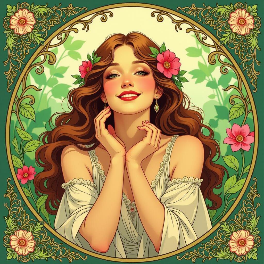 Serene Woman in Lush Garden, Art Nouveau Style