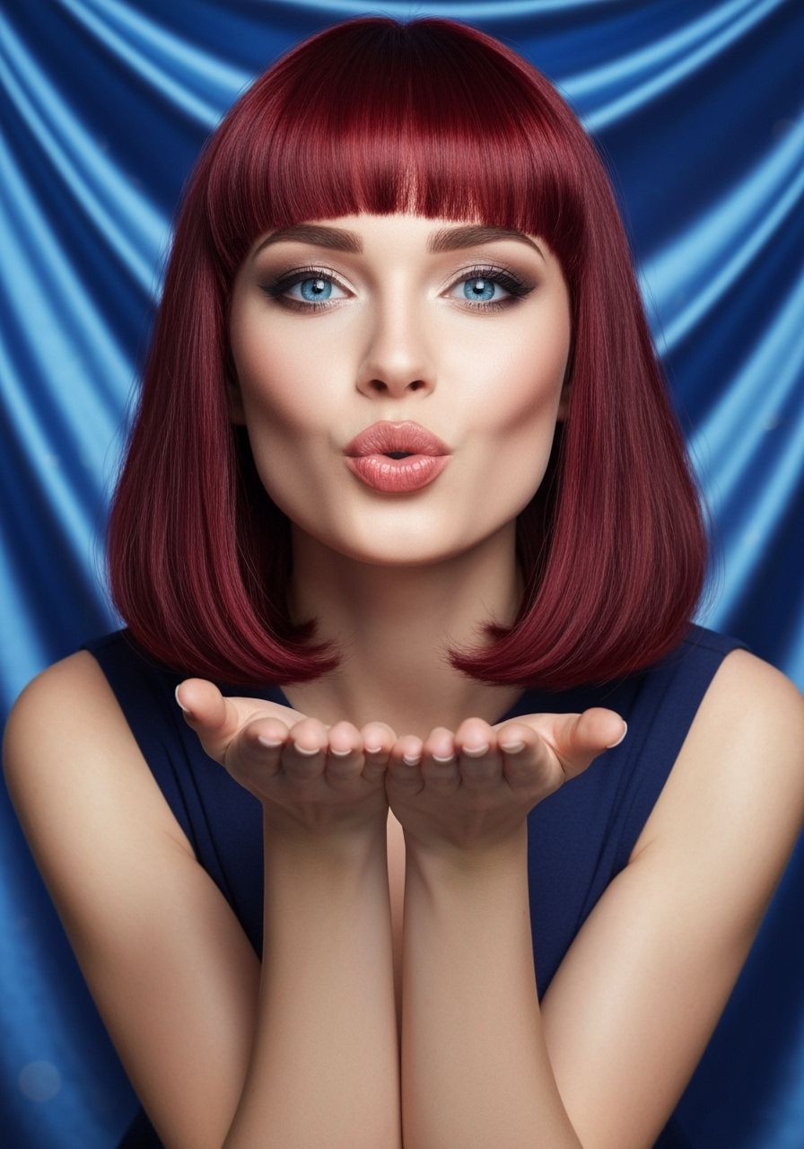 Model Poses with Studio Lights in Sapphire Red Bob
