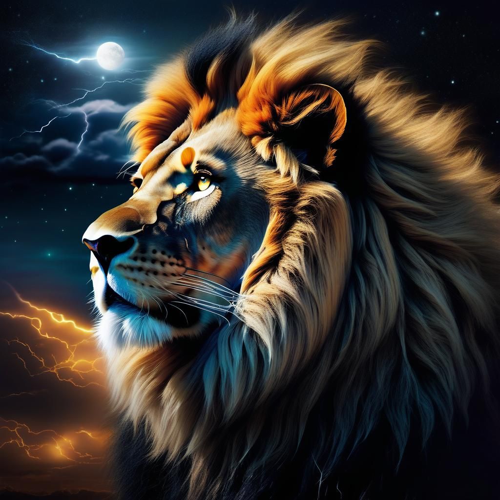 Mystical Lion Amidst Stormy, Electrifying Sky