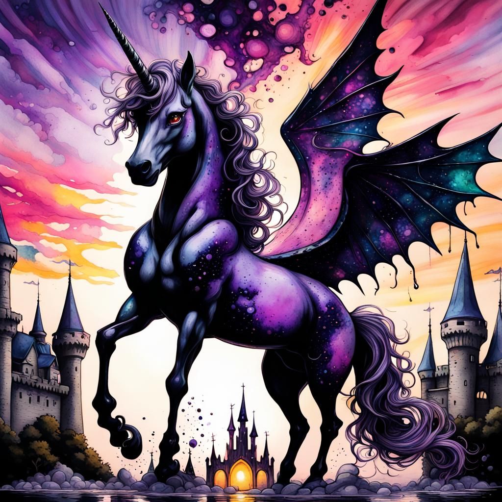 Amethyst Unicorn with Gothic Sunset in Ink Splatter Art