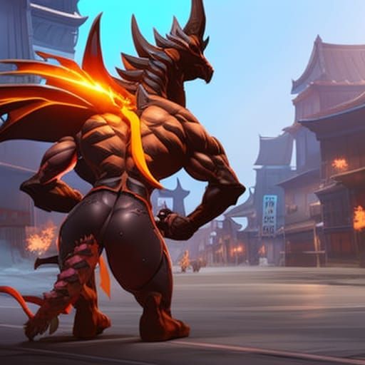 Anthropomorphic Dragon Bodybuilder at Night Market