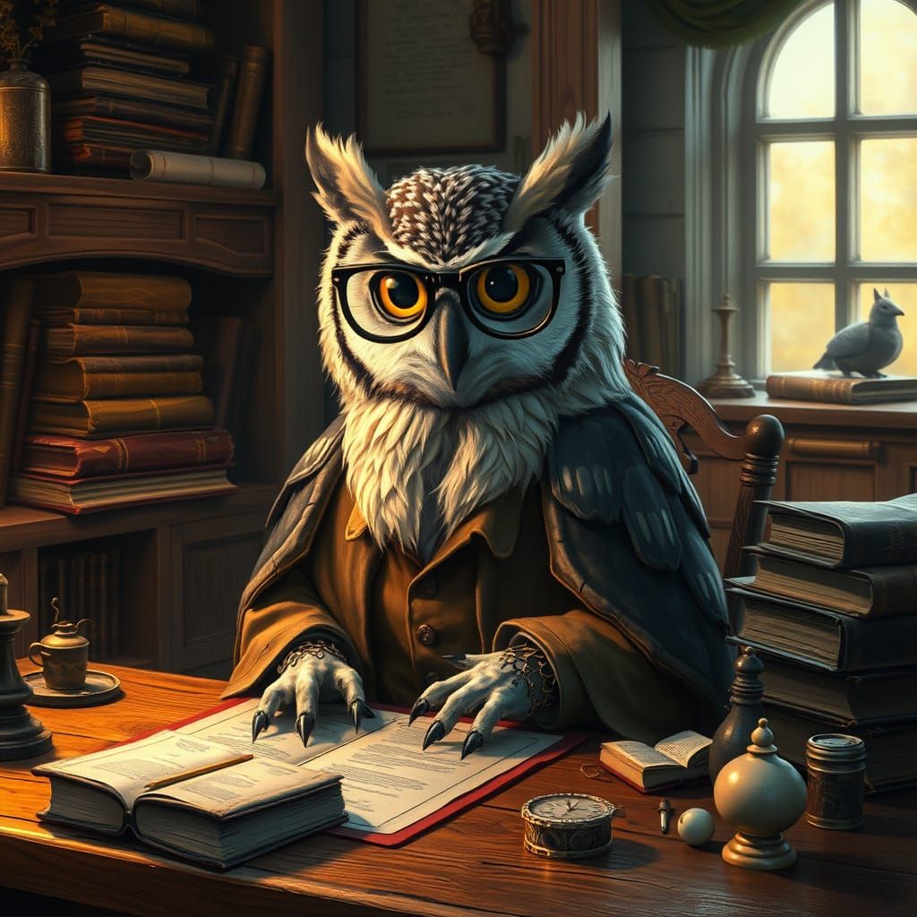 Whimsical Owl Scholar in Warm Study