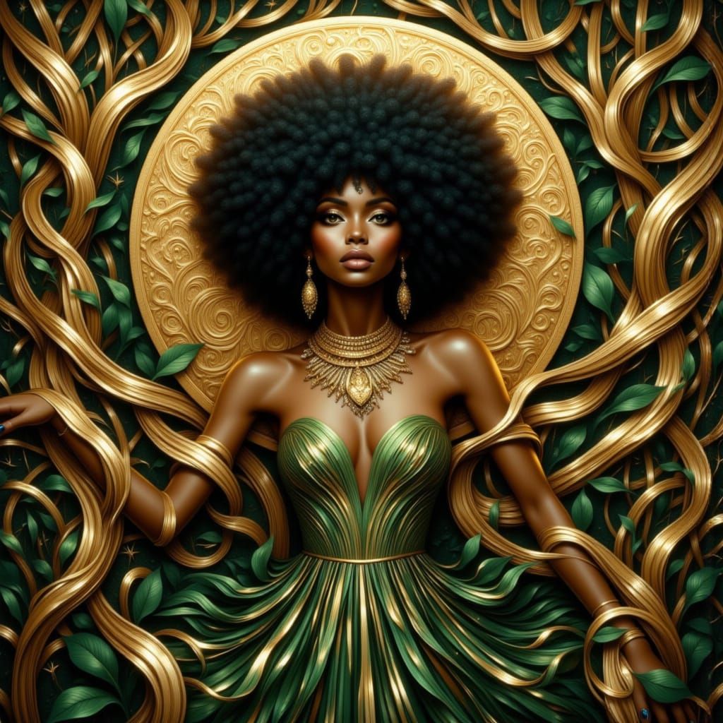 Forest Spirit in Golden Gown with Art Nouveau Halo