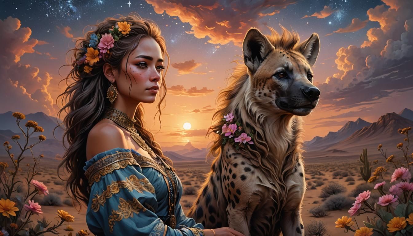 Hyena Girl in Flower Desert Oil Painting
