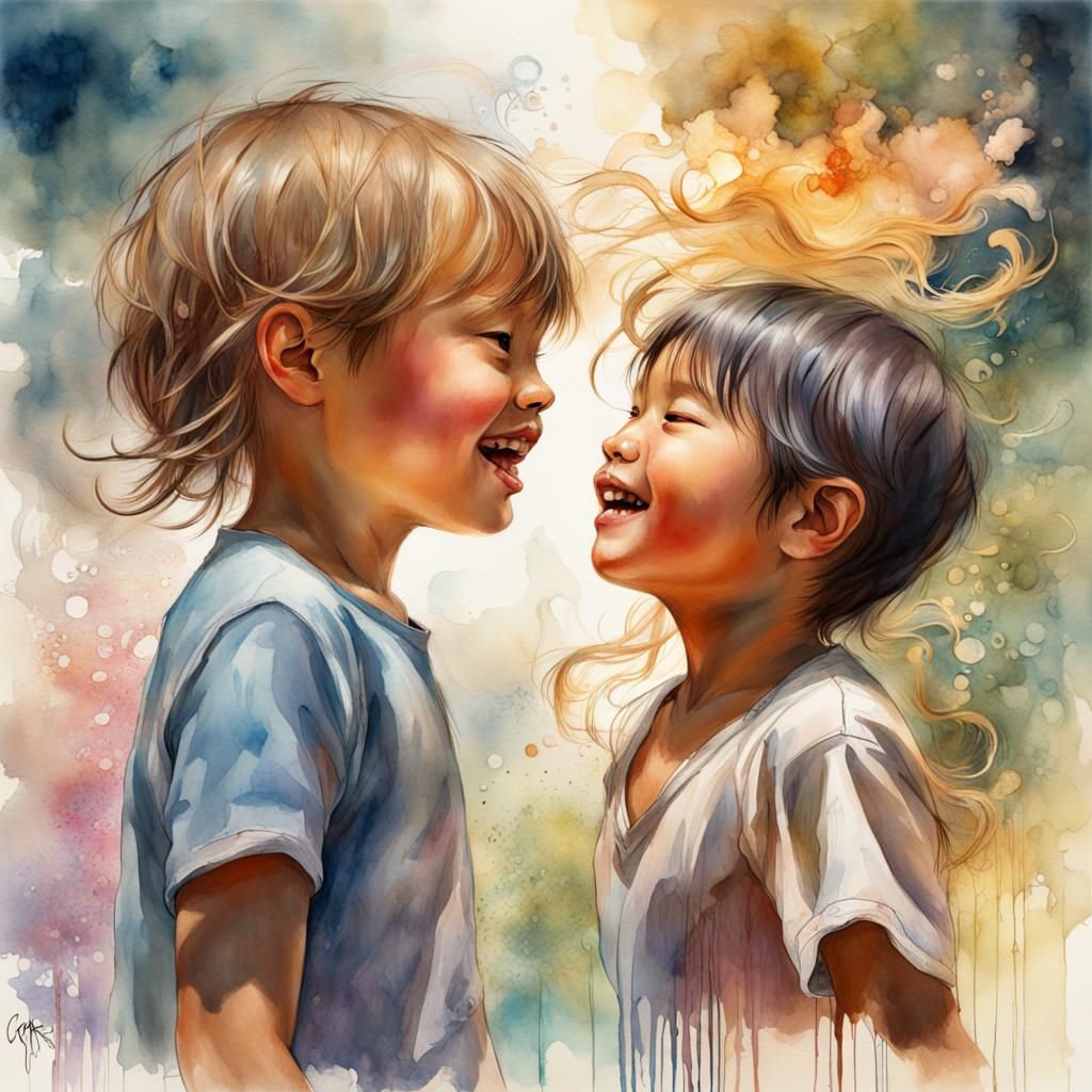 Happy Children Playing: Art Nouveau Watercolor