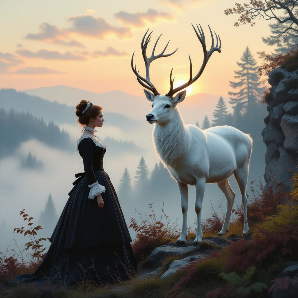 Victorian Woman and Stag, Pollock-Style Oil Painting