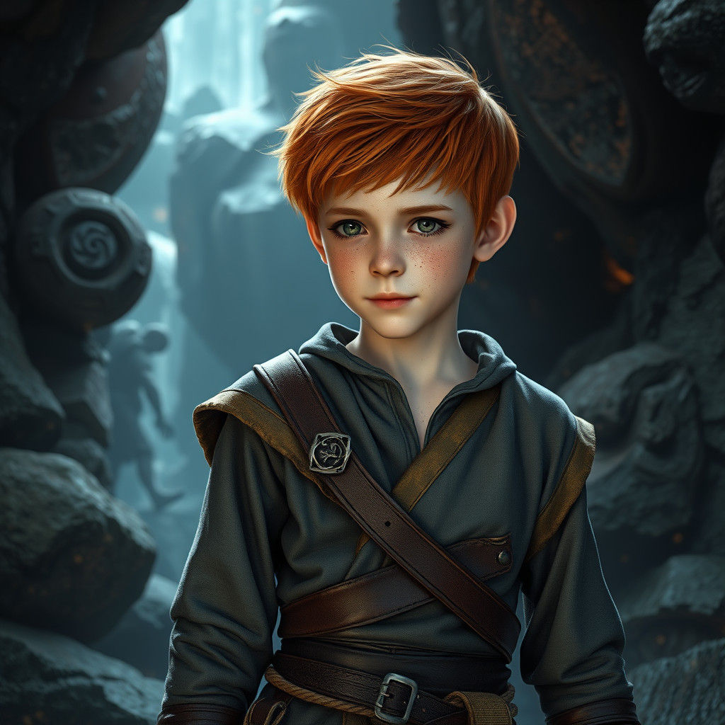 Red-Haired Boy in Mystical Fantasy Landscape