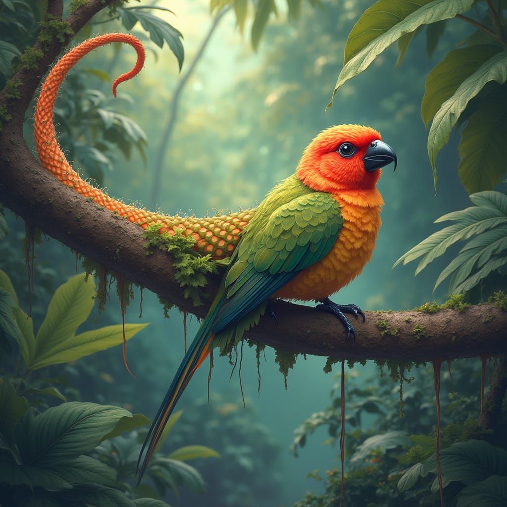 Lorikeet-Salamander Hybrid in Tropical Setting