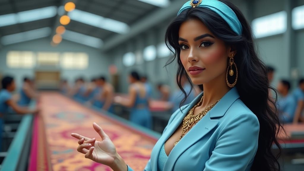 Elegant Arab Woman Overseeing Flying Carpet Factory