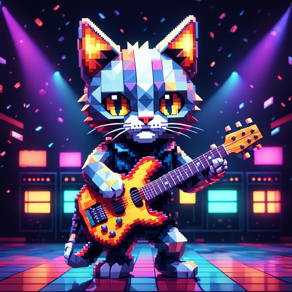 Pixel Art Cat Rocks Out in Concert Hall