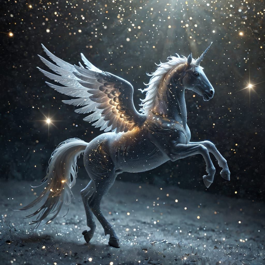 Luminous Pegasus Made of Glitter and Crystals