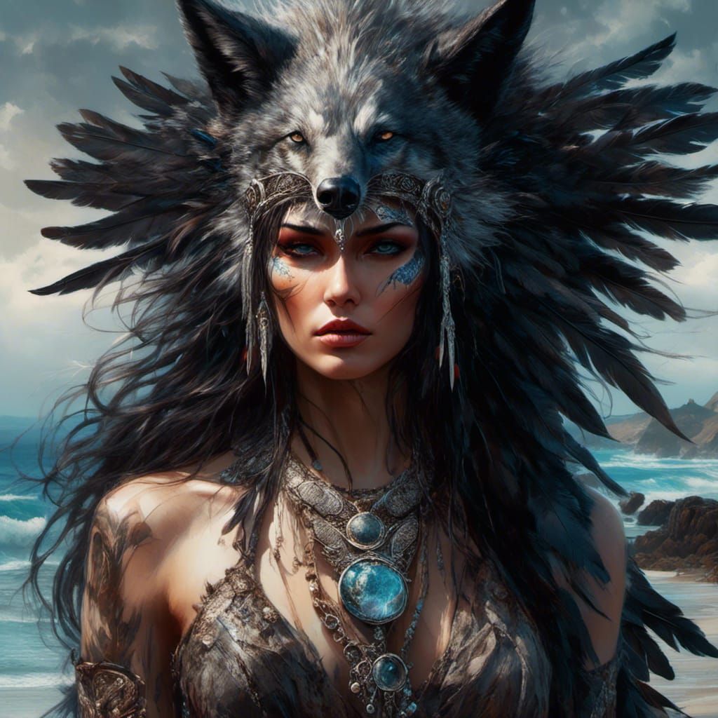 Scandinavian Warrior with Glowing Runes on Beach