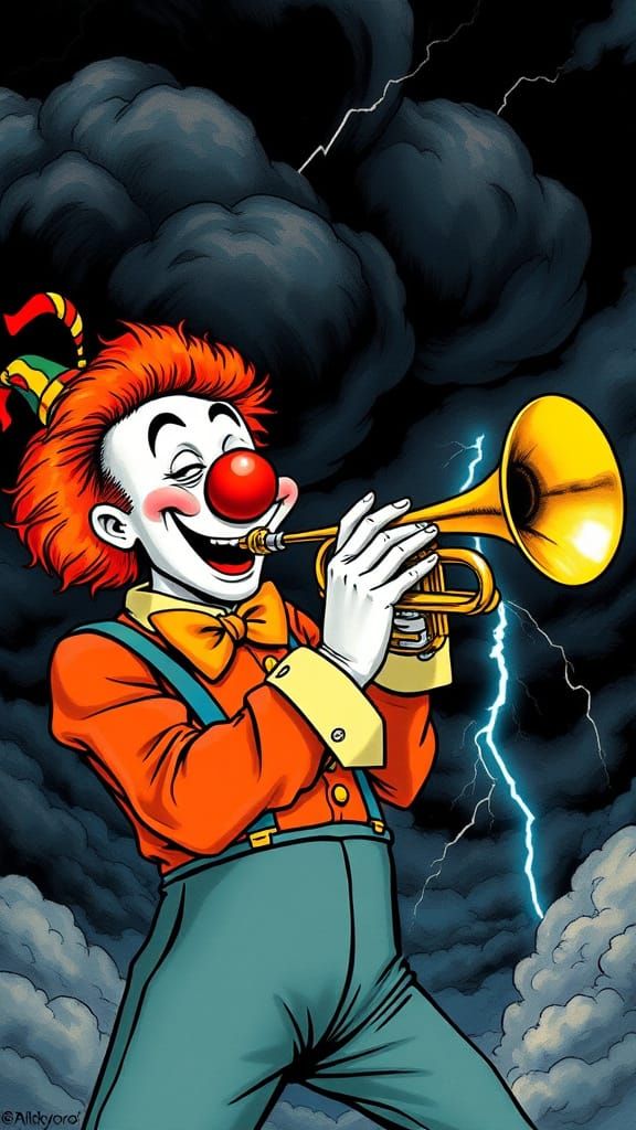 Joyful Clown Trumpeter Amidst a Dark Stormy Sky