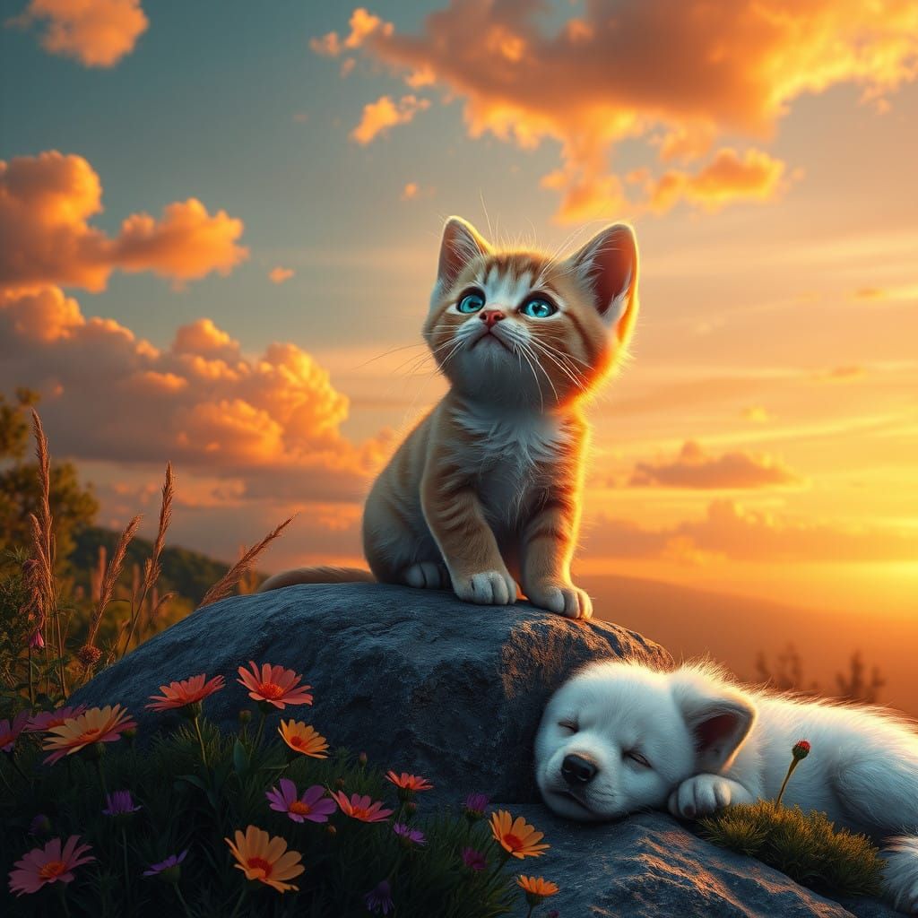 Peaceful Sunset with Kitten and Dog in Whimsical Fantasy Lan...