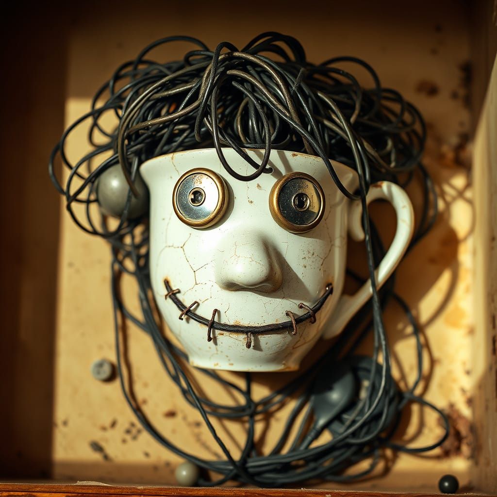 Surreal Visage of Forgotten Memories in Dusty Drawer