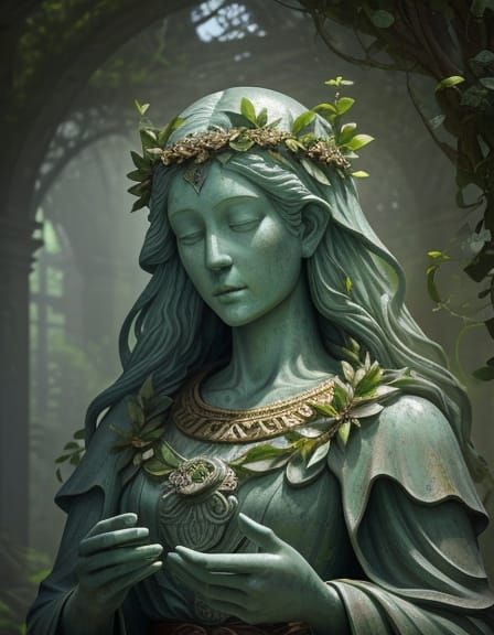 Stone Statue with Crystal Myrtle Wreath in Ethereal Glow