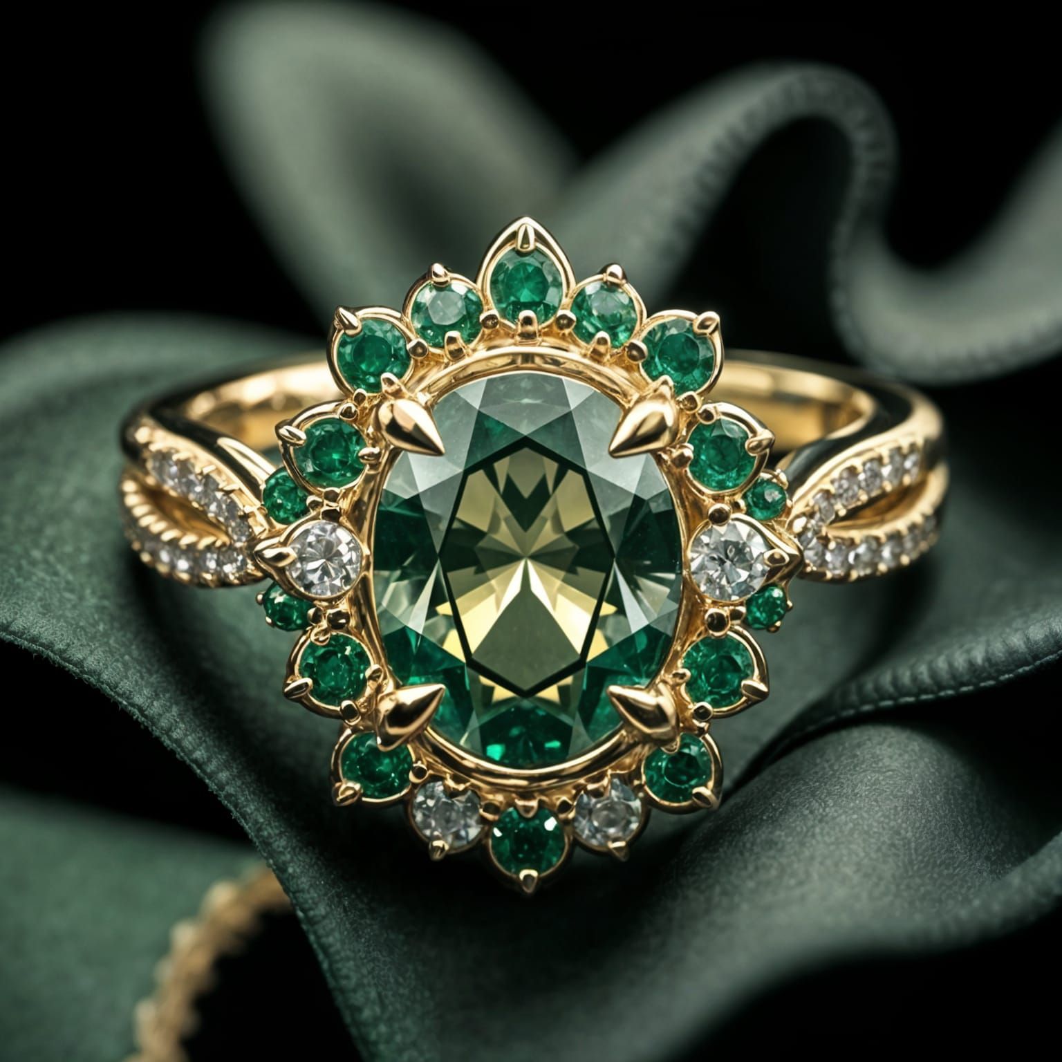 Luxurious Golden Ring on Dark Green Silk in Macro Studio Pho...