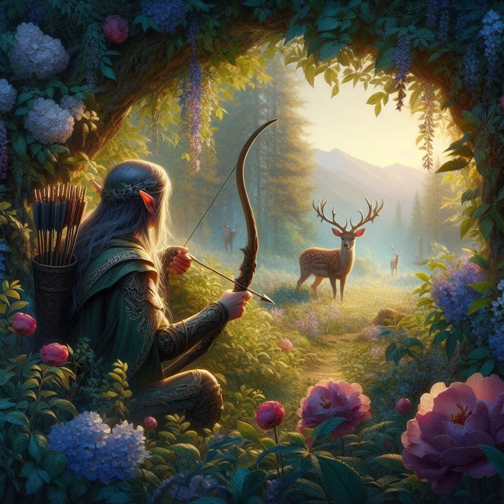 Elf Archer Watching Deer in Forest, Realistic Painting
