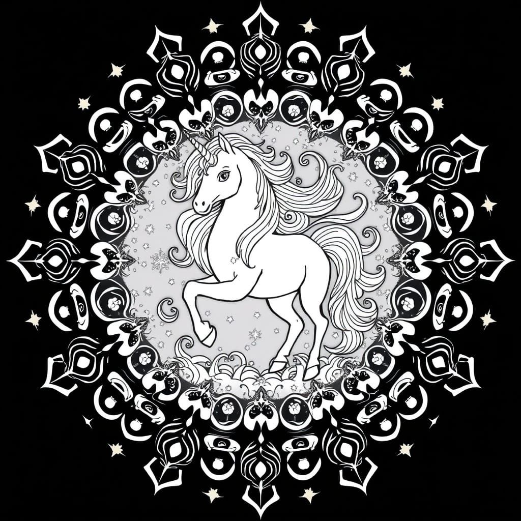 Majestic Unicorn Mandala in Black and White Line Drawing