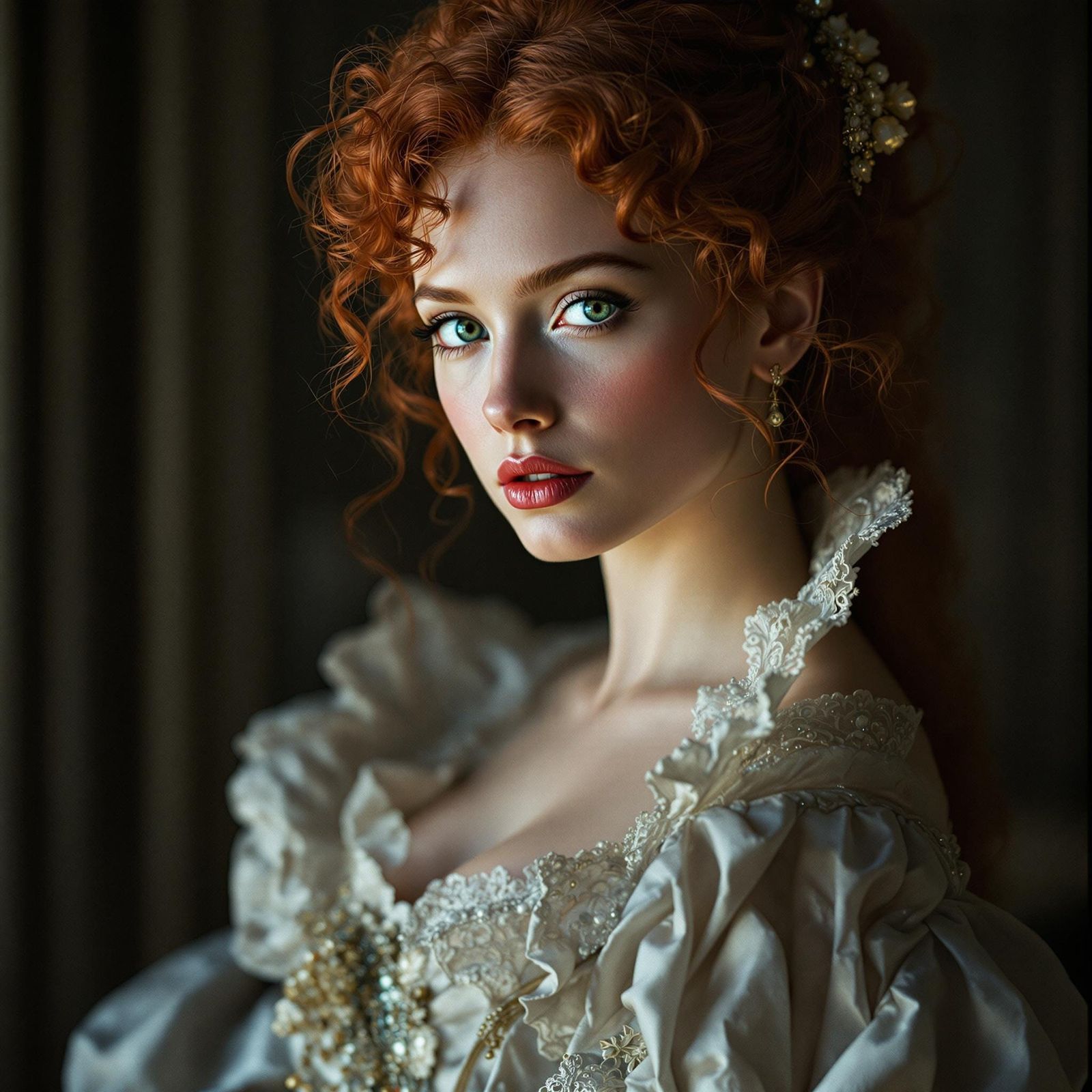 Elegant Redhead in 1700s Court Dress