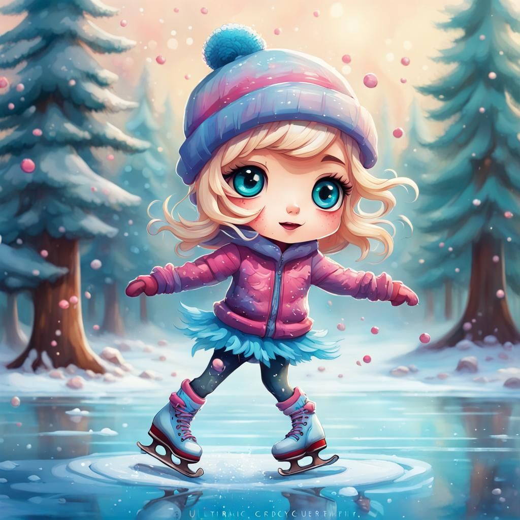Adorable Chibi Ice Skater on Iced Pond in Graffiti Art