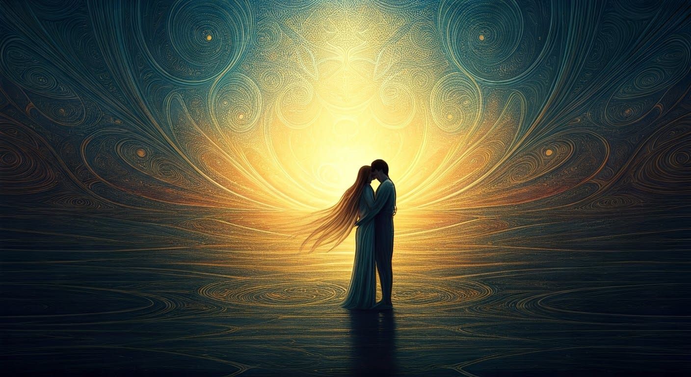 Lovers Lost in Ethereal Landscape: Surreal Mystical Illustra...