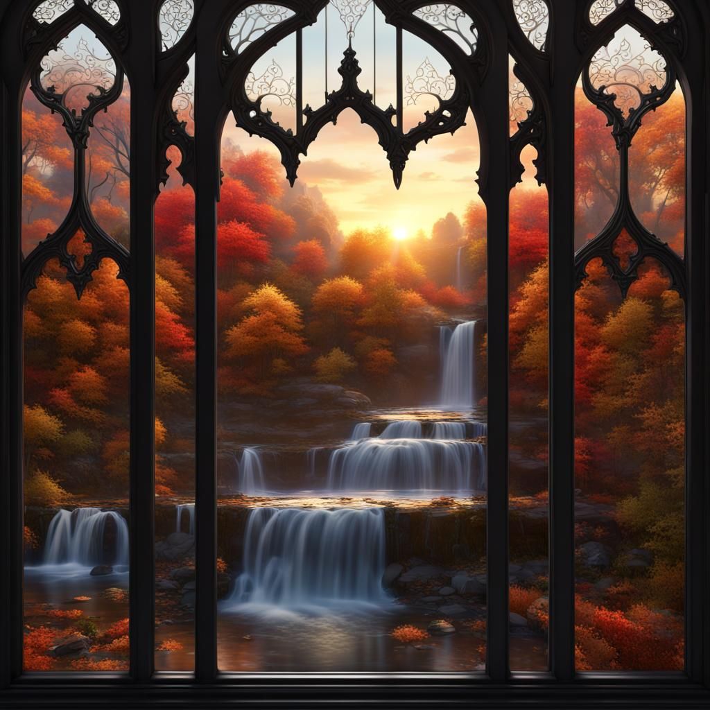 Autumn Wonderland Through Gothic Window