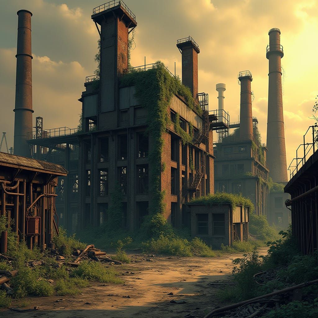 Abandoned Steel Mill Ruins in a Gritty, High-Contrast World