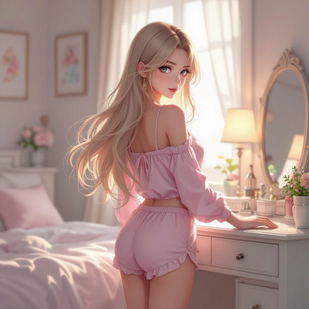 Serene Blonde Woman in Bedroom: 3D Anime Art